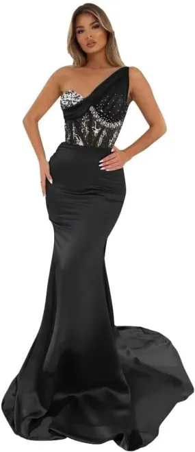 Women's One Shoulder Prom Dresses Satin Mermaid Formal Gown Sequin Beaded Evening Dress NG14