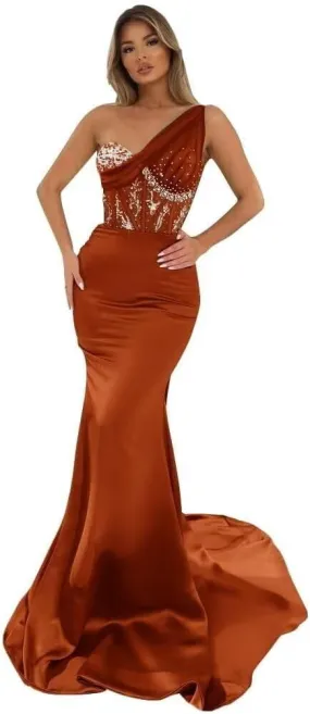 Women's One Shoulder Prom Dresses Satin Mermaid Formal Gown Sequin Beaded Evening Dress NG14