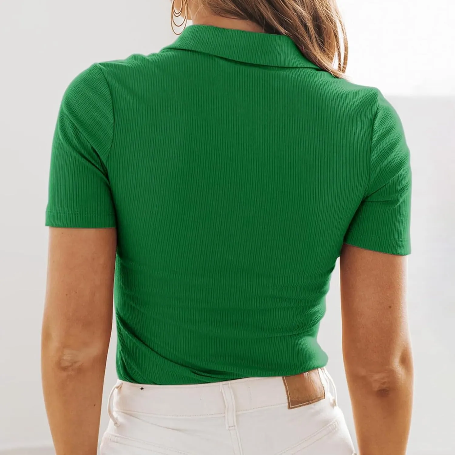 Womens Polo Shirts Fashion Short Sleeve V Neck T Shirt Slim Fitted Ribbed Knit Casual Tee Tops Summer Business Tshirt