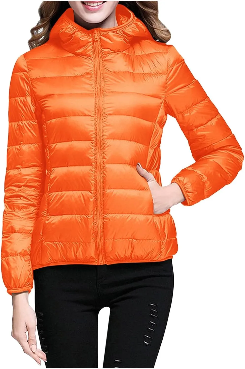 Womens Puffer Jacket Packable Down Jackets Winter Warm Lightweight Short Down Coat Full Zip Hooded Slim Fit Outwear