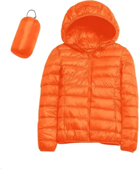 Womens Puffer Jacket Packable Down Jackets Winter Warm Lightweight Short Down Coat Full Zip Hooded Slim Fit Outwear