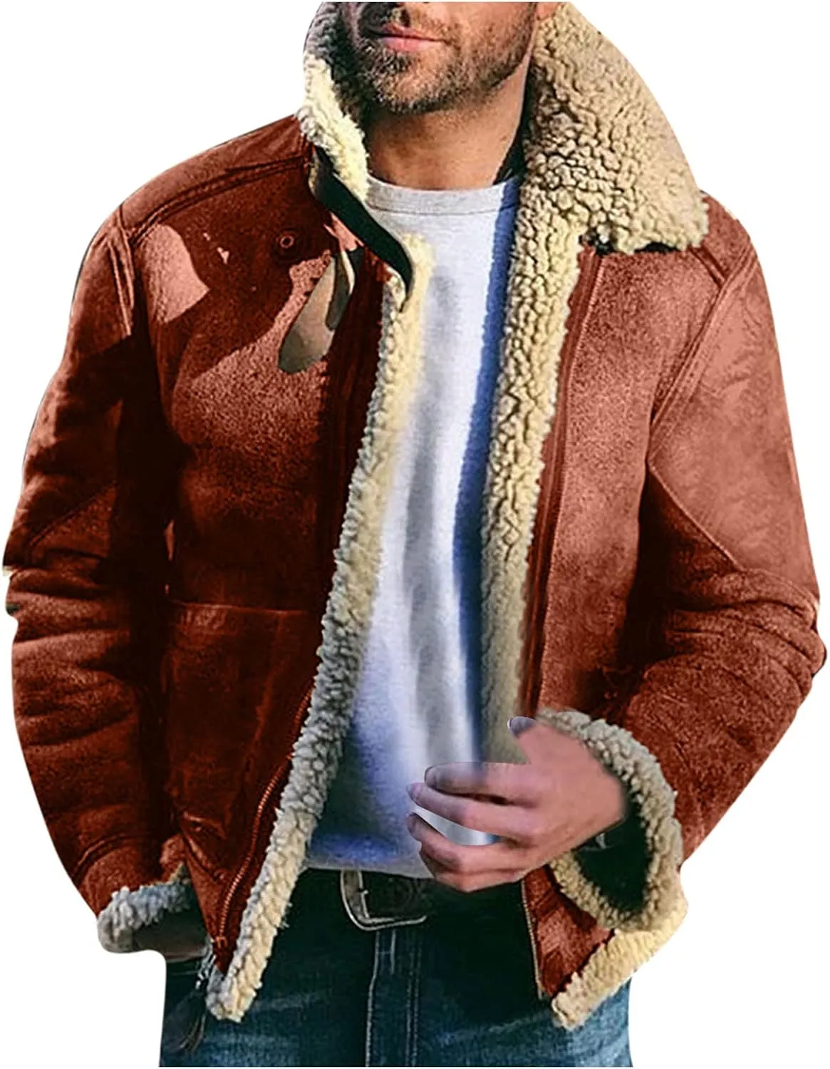 ZYXTIM Men's Heavyweight Fit Faux Fur Lapel Collar Coats Sherpa Lined Fleece Windbreaker Bomber Trucker Jacket